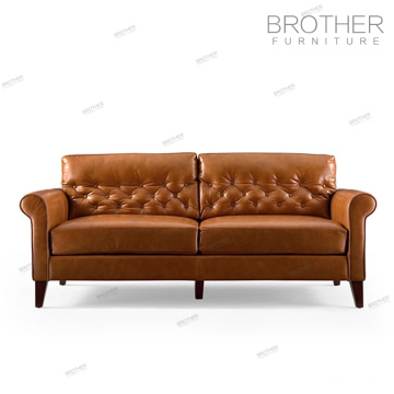 Estilo antigo clássico de madeira moldura marrom genuíno sofá chesterfield de couro